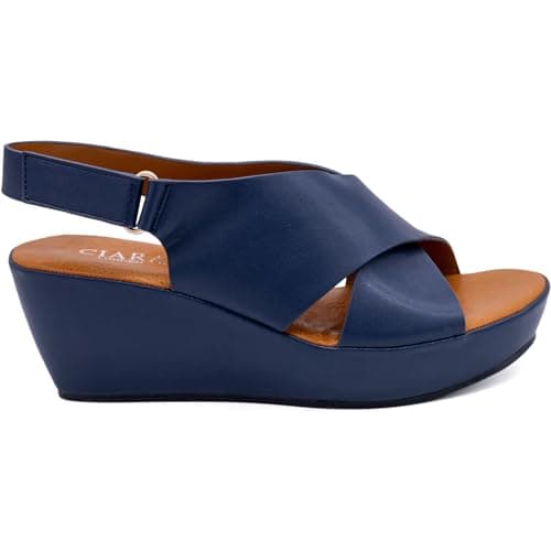 CIARA LONDON Ladies Slip On Mid Heel Wedge Casual Summer Sandals, Hook & Loop, Slingback, Open Toe, Navy UK 6 — view 3