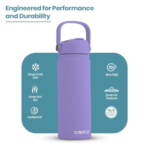 OMNIA NUTRIENTS Vacuum Insulated Stainless Steel Water Bottle, 2 Lids (Straw & Spout) Leakproof, BPA-Free, Reusable Flask Ideal for Travel and Outdoors (Gradient Purple - 540 ml) — view 2
