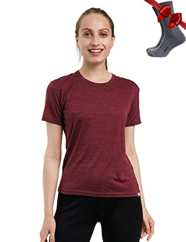 100% Merino Wool T Shirt Women - Merino Wool Base Layer Womens + Socks (Medium, Burgundy)