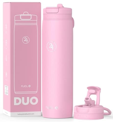 Fuel24 Duo - Stainless Steel Water Bottle 700ml or 1L - Vacuum Insulated Metal Flask with Straw (Dual use Lid) 1 Litre - for Sports, Gym, Work – Slim Design (Blush, 700 ml)