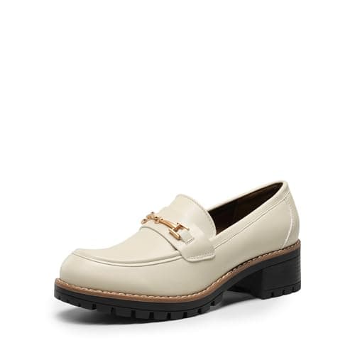 DREAM PAIRS Women's Chunky Loafers Dressy Shoes,Beige-Pu,5.5