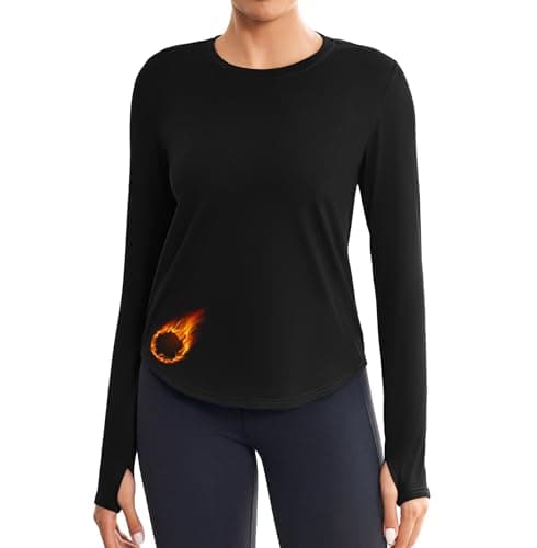 PINSPARK Thermal Tops Women Long Sleeve Fleece Lined Running T-Shirt Black
