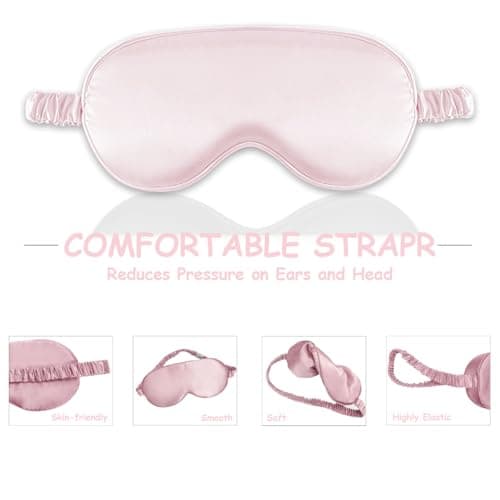 Sleep Mask Silk Eye Mask for Sleeping, Blackout Anti-Allergy Silk Eye Mask with Elastic Strap for Night,Travel,Nap,Meditation (Pink) — view 3
