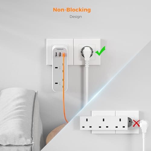 TESSAN UK to European Plug Adapter, Type E F Travel Adapter with USB C — view 5