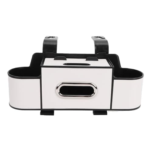 Tnfeeon Car Back Seat Organizer, Tissue Dispenser Headrest Storage Box with Dual Cup Holders Deep Slots and Two Bottom Hooks for SUV Truck Sedan Parents Road Trip Use Keeps Items Off (Cream White)