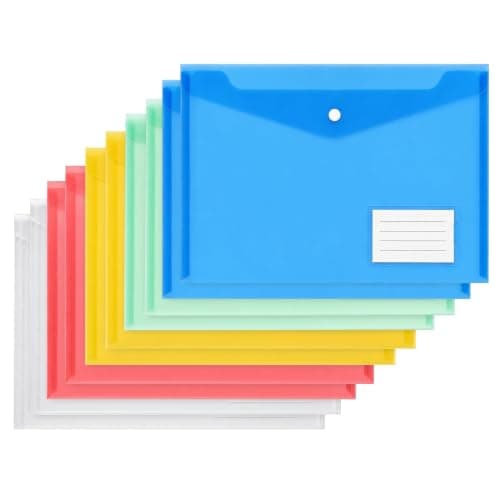 10 Pack A4 Folders with Snap Button and Label Pocket, 18C Thick Plastic Document Envelopes Waterproof, Assorted Colours Transparent File for School Office Travel