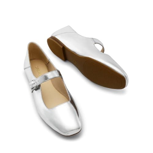 DREAM PAIRS Women's Square Toe Mary Jane Flats,Silver,5 — view 3