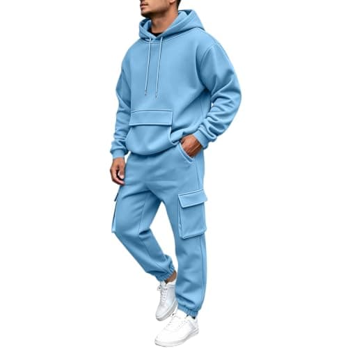 Mens Sweatsuit 2 Piece Set Pullover Hoodie Cargo Joggers Mens Tracksuit Jogging Suit Gym Workout Loungewear workout sets for men UK for city breaks Light Blue L — view 4
