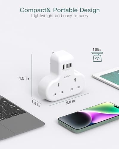 Addtam Double Plug Extension with 3 USB (2 USB-C), 2 Way Multi Plug Adaptor — view 5