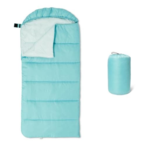Amazon Basics Kids Sleeping Bag for Camping, 10°C Rated, Machine Washable, Hood, Compression Sack, Aqua, 168 x 74 cm