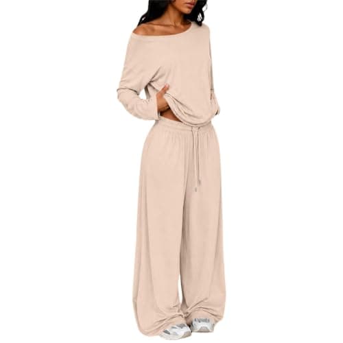Womens Travel Outfits Beige Two Piece with Wide Leg Trousers