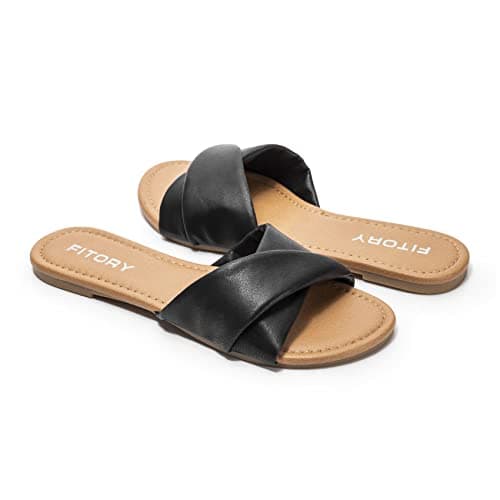 FITORY Women's Sandals Flat Slip On Leather Summer Slide Pure Black Size 5 — view 5