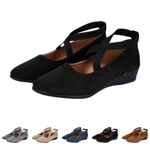 ziubauyke Women's Ballet Flats Closed Toe Crisscross Strap Wedge Shoes Comfy Summer Wide Fit Sole Stretchy Ankle Ballerina Ladies Comfy Dress Elegant Slip-On Pump Shoes Size 5 Black — view 4