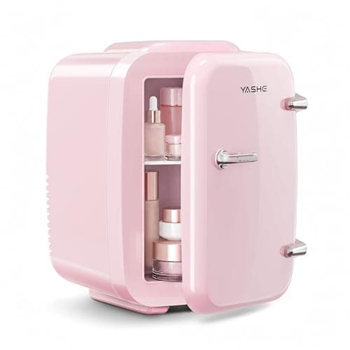 YASHE Mini Fridge, 4 Liter/6 Cans Portable Cooler and Warmer, AC/DC Power Small Fridge, Quiet Desk Skincare Fridge for Beauty Drinks Medicine, Mini Fridge for Bedrooms Office Dorm Car Travel, Pink