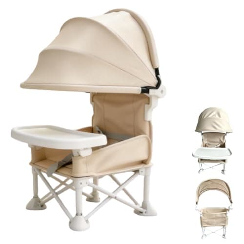 Foldable Baby Travel Seat Booster Feeding Chair for Children Toddlers Infants with Removable Tray & Detachable Sunshade – Toddler Dining Chair for Indoor/Outdoor, Travel, Feeding or Camping (Beige)