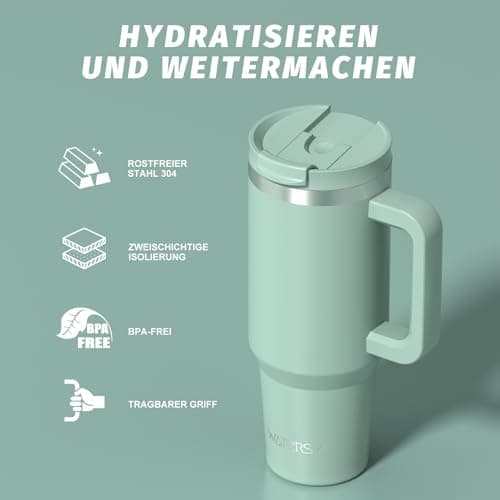 WATERSY 40oz Travel Mug Coffee Cup with 2 Straws, Tumbler Lid and Handle, Stainless Steel Double Wall Vacuum Insulated Coffee Water Bottle Thermal for Cold Hot Coffee 1182ml Green — view 6