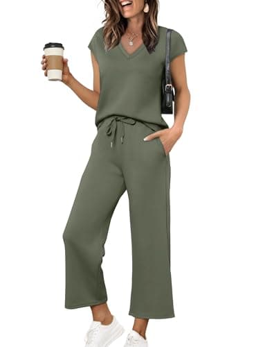 Saloogoe Co ord Lounge Wear Sets for women uk Summer Tracksuits Full Sets V Neck 2 Piece Outfits Casual Travel Vacation Green Size 14-16