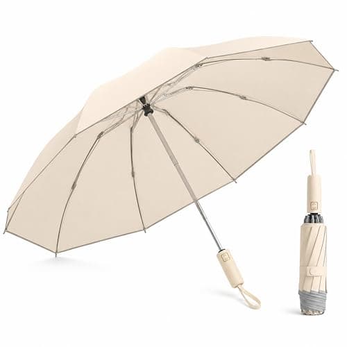 SFDRANVEX Automatic Compact Travel Umbrella Windproof Folding UV Sun Protection Lightweight Strong Frame(​Light Khaki)