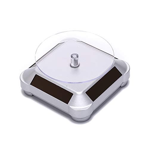 tooloflife Solar Powered Rotating stand Round-Silver Solar/AAA Battery Powered Showcase 2 Shapes 360 Degrees Turntable Rotating Watch Phone Jewelry Organizer Display Stand Mount Holder