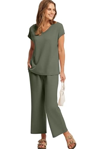 Saloogoe Co ord Lounge Wear Sets for women uk Summer Tracksuits Full Sets V Neck 2 Piece Outfits Casual Travel Vacation Green Size 14-16 — view 4