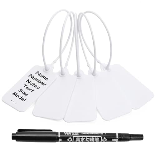 50 White Blank Plastic Tags for Labeling Waterproof Hanging Labels Writable Tags Seal Plastic Marking Label for Luggage Bags Keys Inventory with One Marker Pen