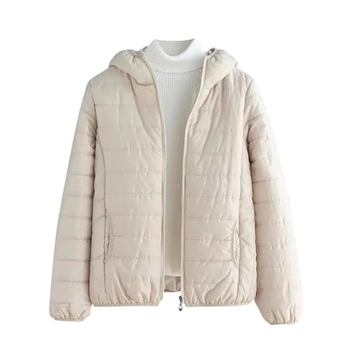 Mrat Women's Lightweight Puffer Jacket, Warm Packable Quilted Down Coat with Hood, Transitional Padded Winter Jacket for Ladies, Pockets, Windproof Outdoor Zip Up Jackets,Solid Ski Hiking Travel M-3XL