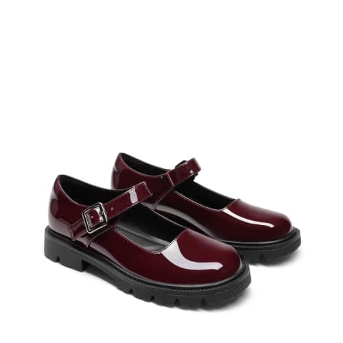 DREAM PAIRS Women's Chunky Mary Jane Flats,Burgundy,5.5