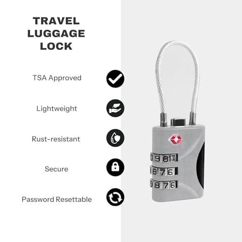 UP Security Travel Luggage Locks TSA Approved, Small Combination Padlock with Cable, Combo TSA Lock for Suitcase, Locker & Gym, Cabinet, Bag Zipper, Lock with Code for Travel Accessories (Silver) — view 3