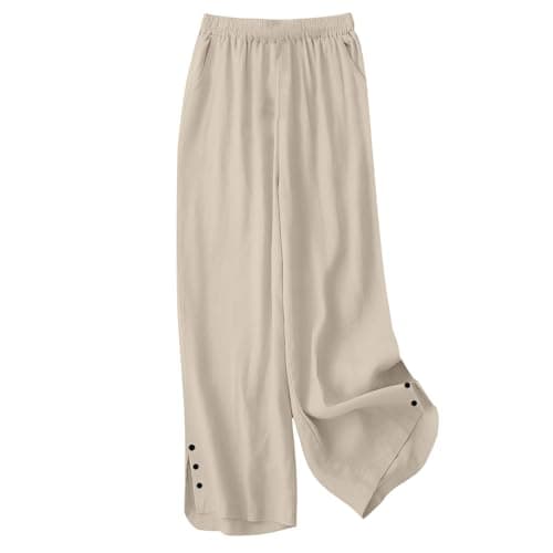 Beige 2 Piece Outfits Women Cotton Linen Loungewear Sets Sleeveless Top and Wide Leg Elastic Waist Pants with Buttons Solid Colour Ladies Versatile Co Ord Sets Vacation Airport Travel Wear Size 12 — view 6
