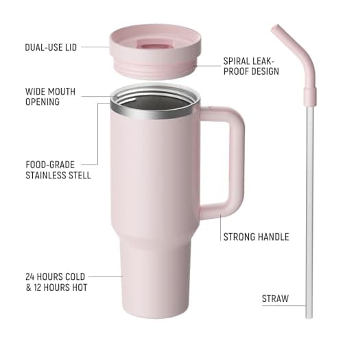 LEIKEEGO Travel Mug Coffee Cup, 1200ml/40oz Tumbler with Straw and Lid, Stainless Steel Double Wall Vacuum Insulated Coffee Cup with Handle-Keeps Cold for 24H-Hot for 12H(Pink) — view 4