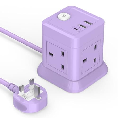 Extension Lead Cube with USB, BEVA 4 Way Power Strip with 3 USB Ports, Desktop Power Extension Socket with 1.5M Extension Cable Cords for Home Dorm Office Travel-Purple