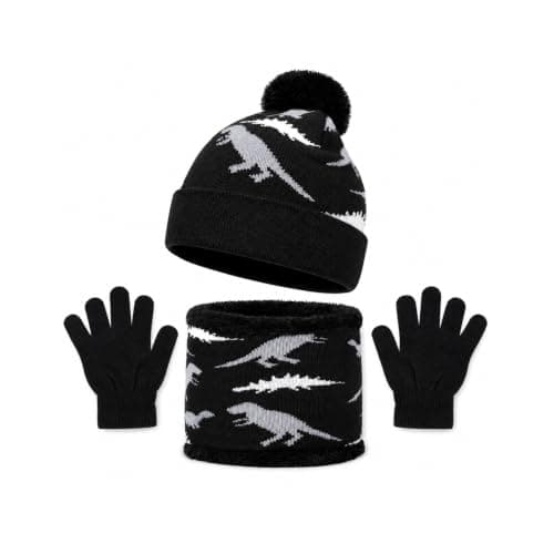 EOAMGO Kids Winter Hat Scarf and Gloves Set 3Pcs, Boys Girls Thermal Knitted Beanie Hat Snood Neck Warmer Gloves Set, Soft Fleece Lined Winter Accessories for Children Age 2-7 (black)