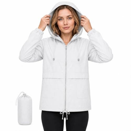 NWDEY Women's Lightweight Waterproof Jacket Ladies Packable Raincoat Hooded Windproof Rain Jacket Coat for Outdoor Travel (UK, Alpha, XXL, Regular, Regular, White)