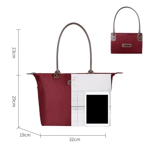 NOTAG Tote Bag, Stylish Waterproof Nylon Tote Handbag Ladies Tote Shopping Bag for Travel Beach (Wine Red) — view 3