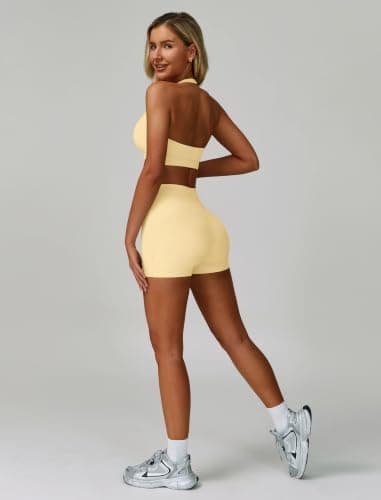 ABOCIW Workout Sets for Women Square Neck Halter Sports Bra High Waist Biker Shorts 2 Piece Gym Yoga Outfits, Butter Yellow, Small — view 5