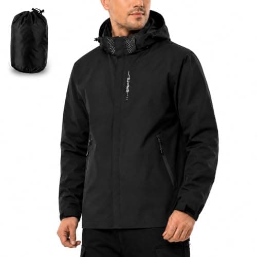 NWDEY Mens Waterproof Jacket with Hood, Lightweight Packaway Rain Coat Breathable Windbreaker, Waterproof Raincoat for Outdoor Hiking Cycling Golf Travel (UK, Alpha, XL, Regular, Regular, Black)