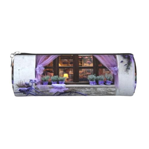 kkvhhyuo Leather Pencil PU Leather Cosmetic Makeup Bag, Purple Bike by The Window Printed Pen Bags with Silver Zipper Storage Box for School College Office Travel — view 2