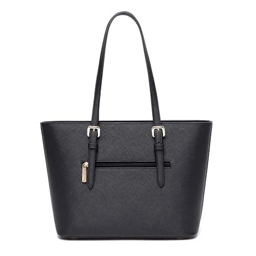 AOSSTA Women's Large Faux Leather Shoulder Tote Bag with Zip (BLACK) — view 4