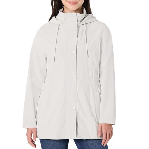 Amazon Essentials Women's Relaxed-Fit Packable Lightweight Waterproof Hooded Rain Jacket, Off-white, L