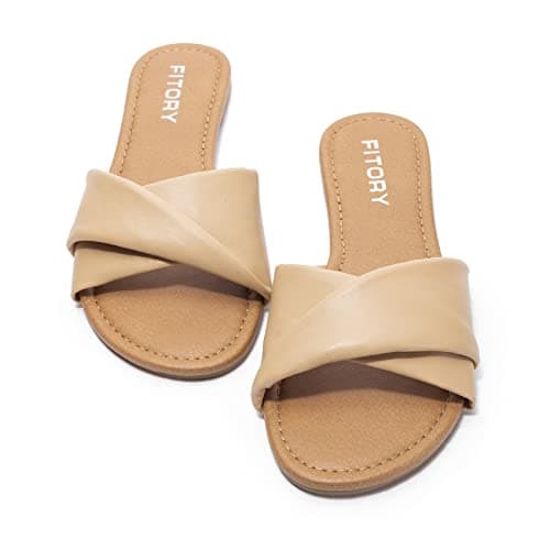FITORY Women's Sandals Flat Slip On Leather Summer Slide Light Tan Size 4 — view 2