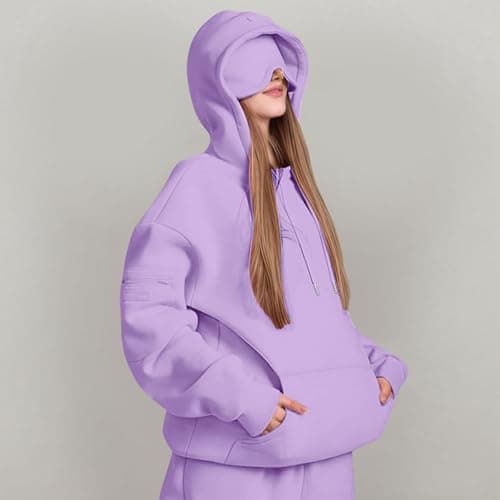 Ewleguzka Travel Hoodie with Eye Mask Built In,Comfrt Airplane Wearable Blanket Hoodie for Adults Men Women 4 Pockets Purple — view 2
