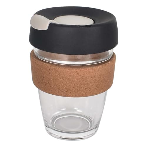 Zimoer 340ML Reusable Tempered Glass Coffee Cup with Lid, Heat Resistant Travel Coffee Mug with Cork Sleeve, Glass Mug with Leakproof Lid, for Unisex Eco-Friendly Travel Home Office