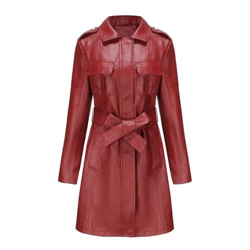 QLXYYFC Comfortable Soft Warm Women's Leather Jacket Classic Long Windbreaker Autumn Winter Coat with Loose Belt Zipper Cuffs (Color : Red, Size : L)