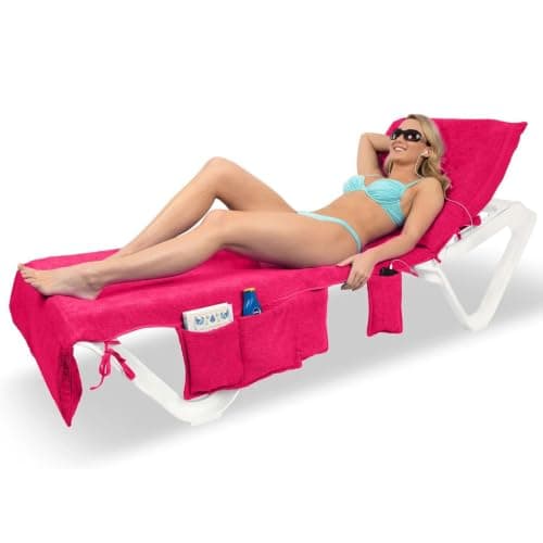 ITSA Terry Towelling Beach Towel with Pockets & Handles | 100% Cotton Foldable Sun Lounger Cover | Carry Bag | Secure Storage Beach Towel (Coral Pink)