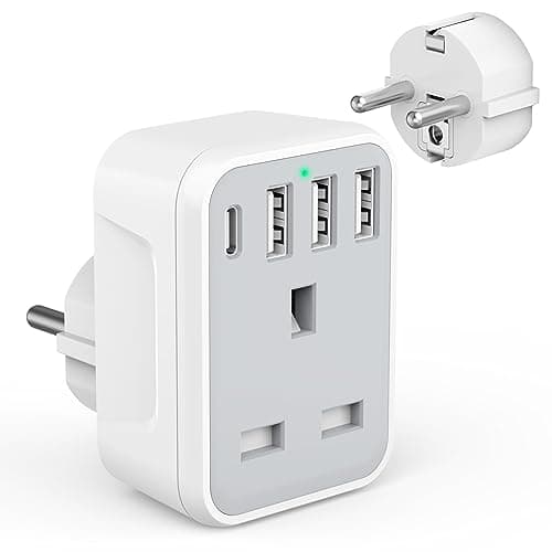UK to European Travel Adaptor with 4 USB Ports(1 USB C), Grounded EU Euro Europe to UK Power Plug Adapter for Germany Spain France Iceland Greece Poland Netherlands Austria Turkey etc (Type E/F)