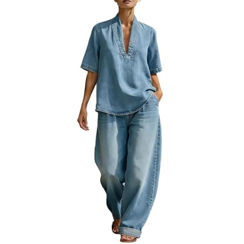 Womens Coords Sets Airport Two Piece Outfit Women Uk Denim Co Ord Sets Sleeveless Short Sleeve Blouses Wide Leg Jeans Casual Ladies Travel Suits Womens Summer Cotton Lounge Wear A2 Light Blue 3XL