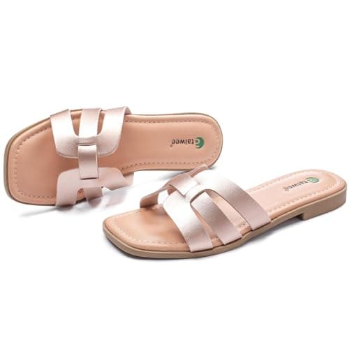 Ataiwee Women's Dressy H Flat Slide Sandals Faux Leather slippers,Gold 8 — view 4