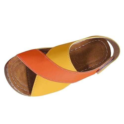 Open Toe Orthopedic Sandals for Women with Back Strap,Ladies Patchwork Slingback Wedge Sliders Ankle Strap Casual Summer Arch Support Comfy Walking Sandal with Touch Fastening Size 4 Orange-Yellow