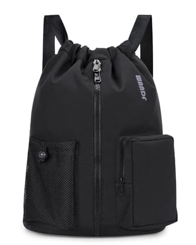 WANDF Drawstring Gym Bag Sports Backpack with Shoes Compartment Water-resistant Swimming Bag for Men Women Ideal for PE School Travel Beach (Black)