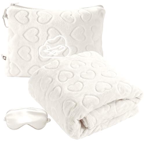 ENZOLVE Travel Blanket, Airplane Blanket, Ultra-Soft, Warm & Lightweight, 65x40 in, Outdoor Blanket Essentials for Women, Men & Kids, Included Eye Mask, Luggage Sleeve & Backpack Clip Heart Cream